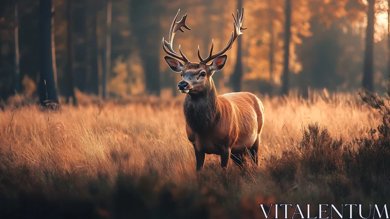 Autumn forest stag standing quietly in golden evening light.