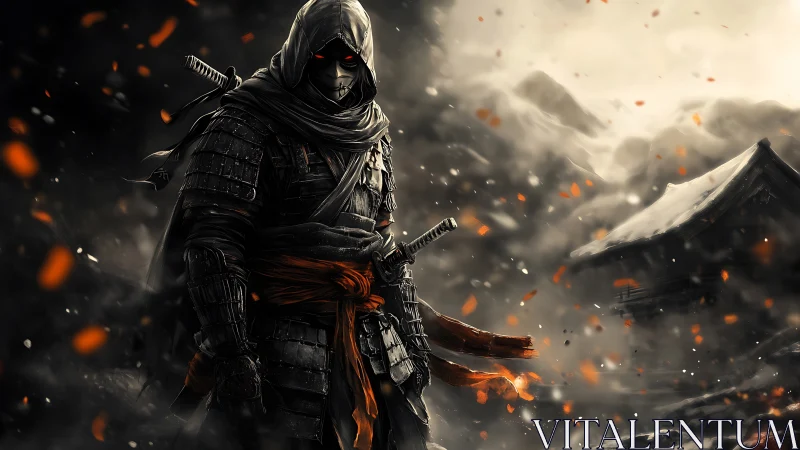 Masked ronin in ember storm before distant temple ruins.