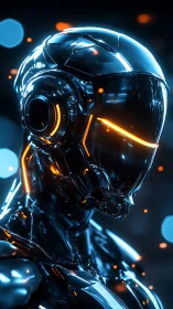 Chromed cybernetic exosuit portrait balances neon rim lighting