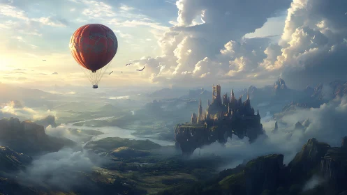 Fantasy aerial vista with hot air balloon and floating citadel.