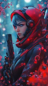 Futuristic ranger in red armor stands amid glowing forest.