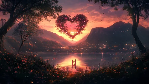 Sunset Romance Over Mountain Lake with Heart-Shaped Tree.