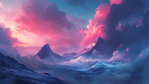Vivid pink and blue sky over snow covered peaks at dawn.