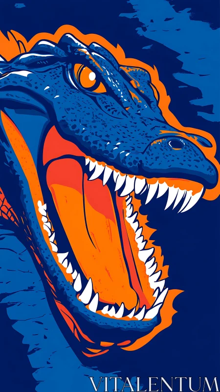 Roaring blue dinosaur head explodes with bold neon contrast