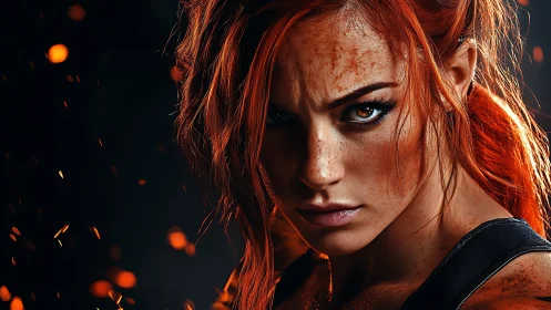 Ember-haired warrior locks eyes with the coming wildfire