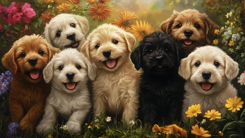 Joyful puppy friends share bright smiles in a flower garden