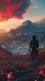 Solo traveler greeting a glowing valley of red wildflowers.