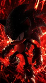 Dark hedgehog character in fiery red digital environment.