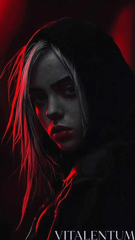 Hooded figure is rendered in high-contrast red rim lighting