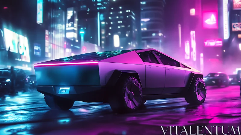 Futuristic pickup truck on neon lit wet city street at night.