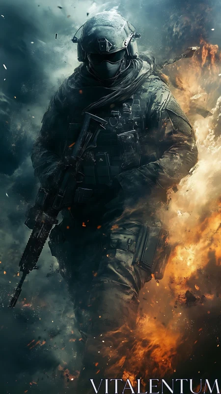 Armored soldier strides through fire and smoke in battle