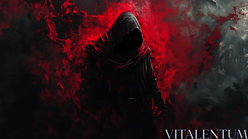 Shrouded reaper in bleeding crimson smoke stands watchful.