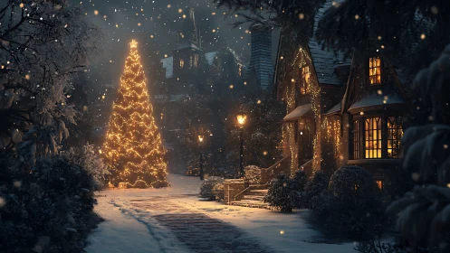 Snowy cottage lawn with illuminated Christmas tree at dusk.