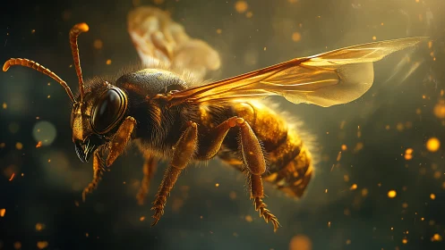 Golden wasp hovers in glowing dust under dramatic light