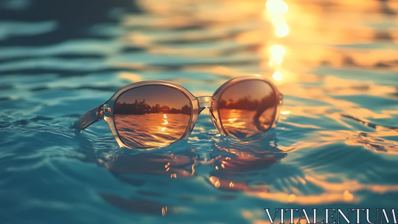 Sunglasses float on sunlit water reflecting warm sunset light