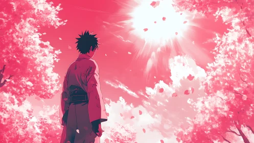 Solitary figure studies bright sky through drifting blossoms