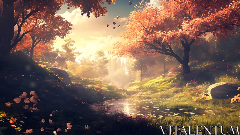 Sunlit autumn grove surrounds reflective woodland stream