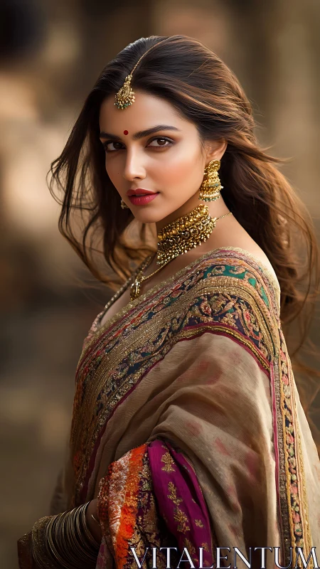 Regal portrait of woman in ornate embroidered sari dress.