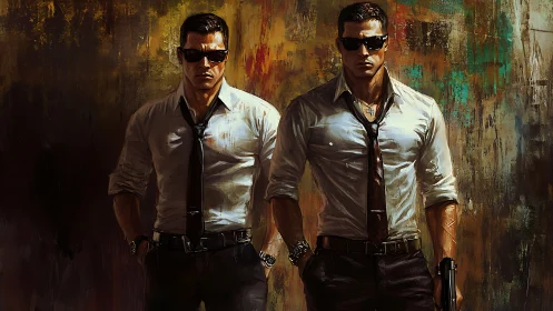 Twin suited enforcers stand poised against a gritty wall