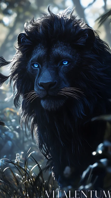 Midnight black lion with blue eyes in misty forest.