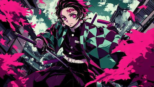 Pink leaves swirl around sword-wielding anime fighter.