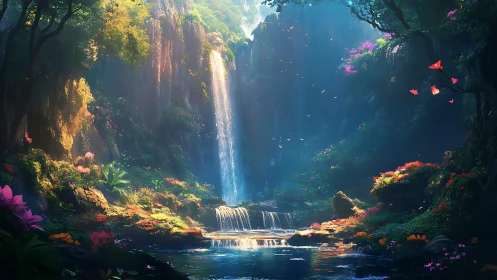 Sunlit waterfall sanctuary welcomes a glowing hidden forest