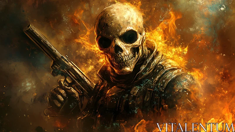 Flaming skull soldier strides from inferno holding a pistol