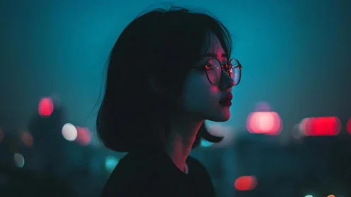 Neon-lit profile portrait reflects quiet urban solitude.