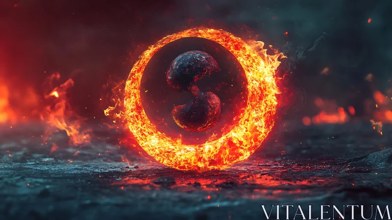 Fiery Portal with Dark Sphere in Apocalyptic Landscape.