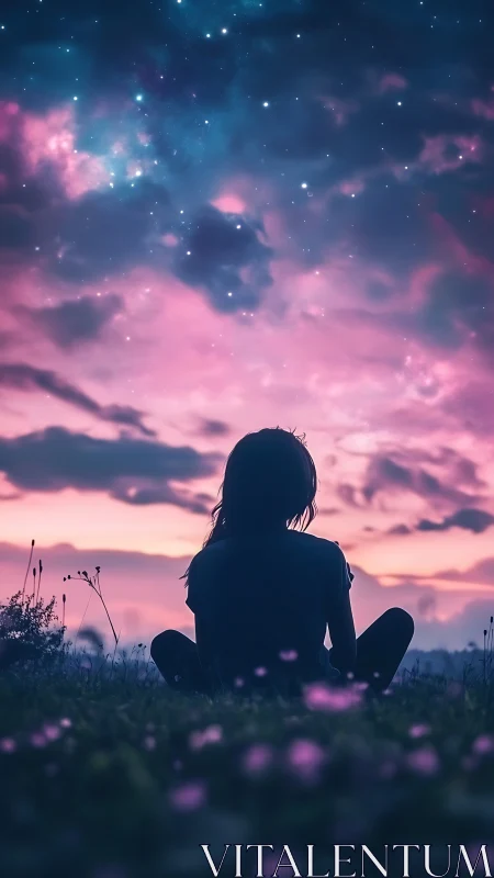 Silhouetted figure in violet dusk field under vivid starscape.