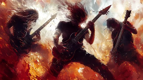 Three guitarists perform amid abstract fiery light effects