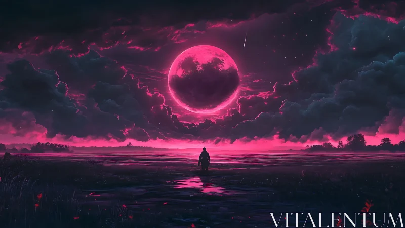 Neon magenta moon dominates stormy alien wetland sky.