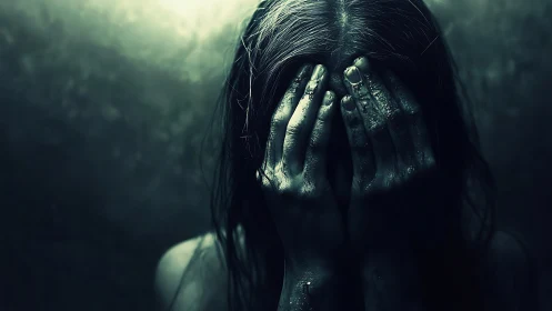 Grief-drenched hands cradle silence in a drowned green hush