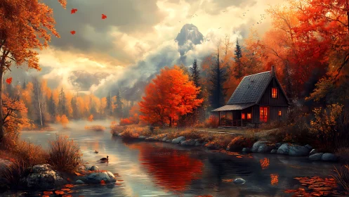Cozy riverside cabin glows warmly in a misty autumn valley