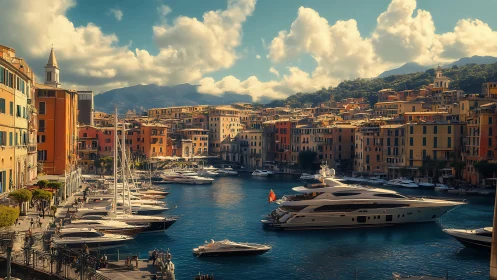 Sunlit harbor of gilded yachts and honeyed hillside homes.
