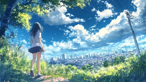 Skyline daydreamer on a sunlit hill above the cityscape.