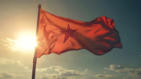 Red national flag with star backlit by warm sunset sky.