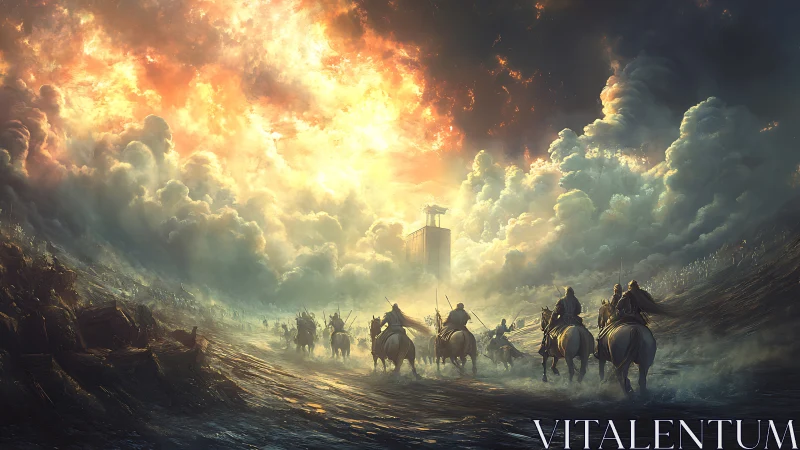 Mounted warriors advance toward a fortress under apocalyptic skies