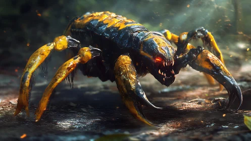 Predatory robotic insect creature with glowing red eyes.