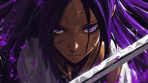 Scarred purple-eyed warrior glares over sword edge