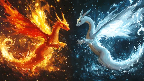 Two elemental dragon figures confront each other in battle