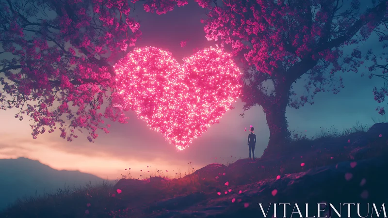 Luminescent Heart-Shaped Light Formation Above Mountain Landscape