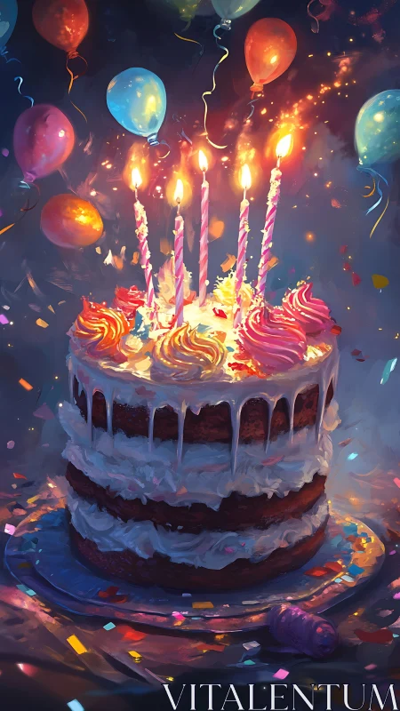 Luminescent Birthday Cake with Incandescent Candles and Floating Balloons.