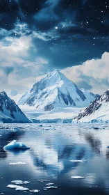 Peaceful starlit glacier peaks mirrored in icy waters.