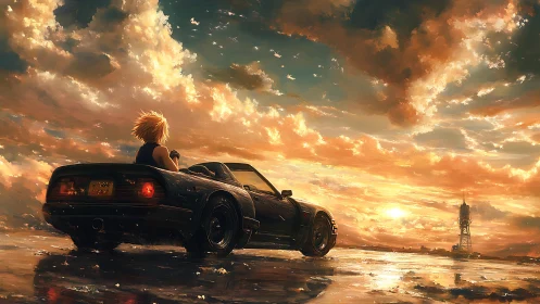 Sunset highway dreamscape with lone driver and sleek car.