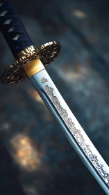 Ornate katana blade gleams with intricate golden detailing.