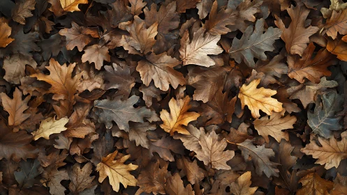 Gentle autumn oak leaves resting in a cozy forest blanket.