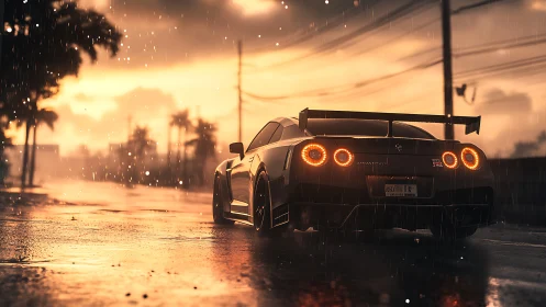 Rain-soaked supercar glowing against a moody sunset street.