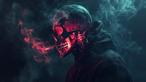 Neon smoke reaper in a hoodie stalks the cyber twilight.