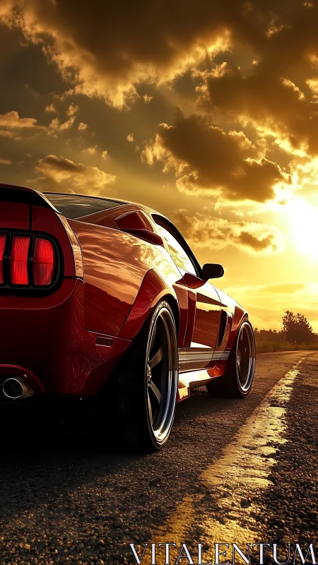 Red muscle car stands on empty road under blazing sunset sky